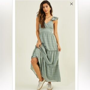 Anna Flutter Sleeve Sage Green Tiered Maxi Dress